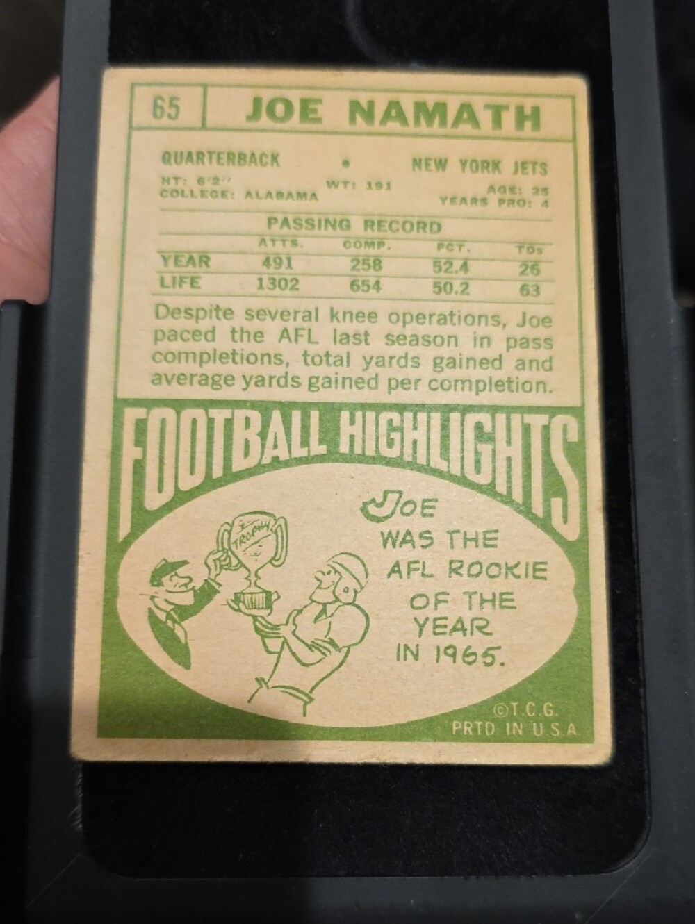 1968 Joe Namath Topps New York Jets Football Card Fair Condition - Picture 5 of 6